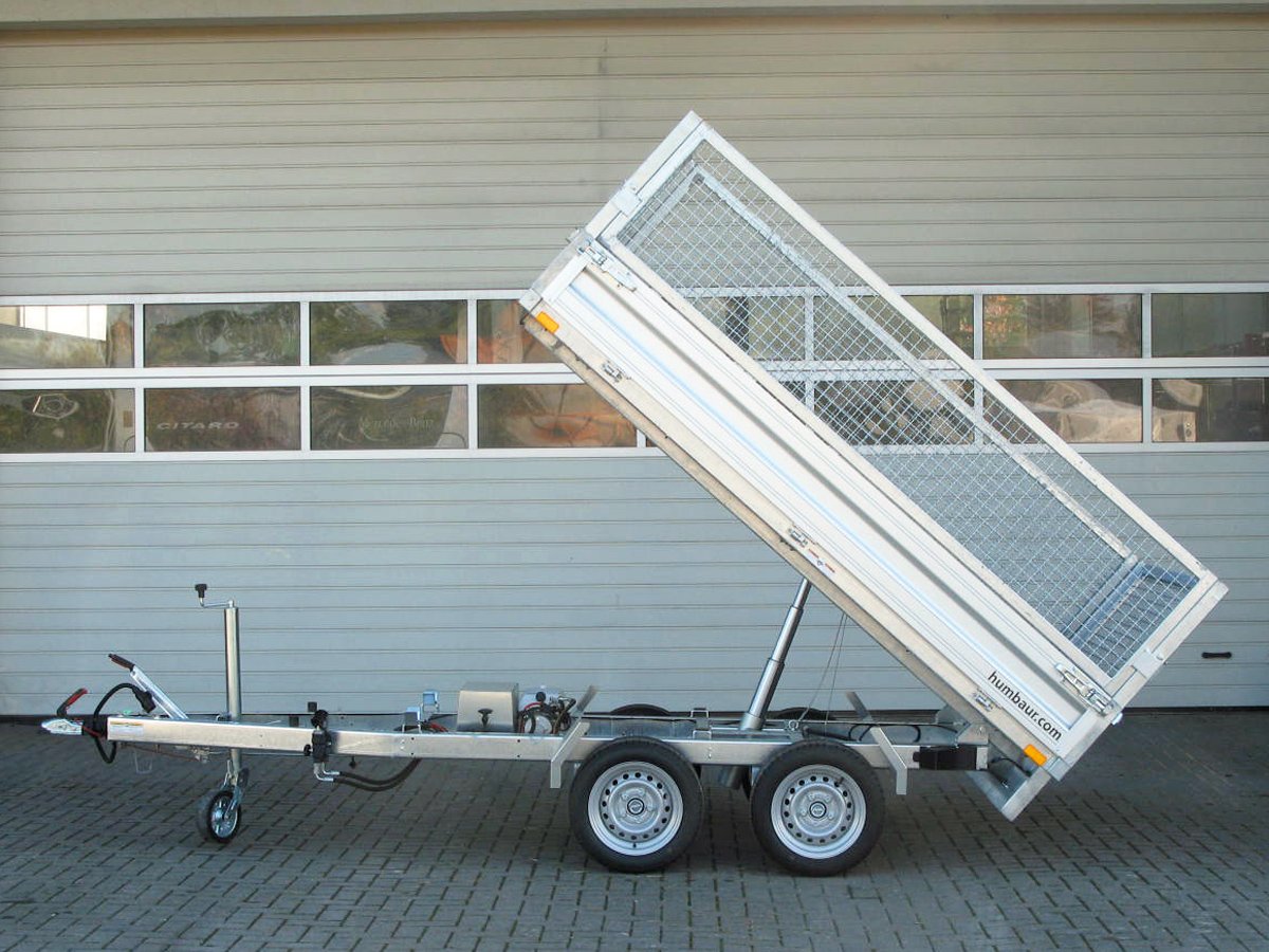 HUMBAUR HUK 272715 Kippanhänger mit elektrischer Pumpe und Gitteraufsatz zur Ladungssicherung